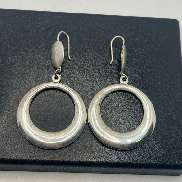 Modernist sterling silver disc hoop dangle earrings vintage - Picture 2 of 16